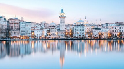 Fototapeta premium Galata Tower and Istanbul cityscape reflected in the calm water of the Golden Horn during a soft pastel dawn.