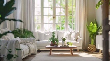 Living room interior with comfortable sofa, AI generated image