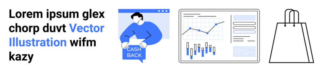 Cashback promotion with male character, data analytics graph with growing trends, and minimalist shopping bag. Ideal for ecommerce, marketing, finance, data analysis, online shopping, business