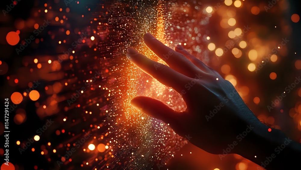 Poster hand interacts with glowing digital particles, creating a futuristic abstract scene mysteriously