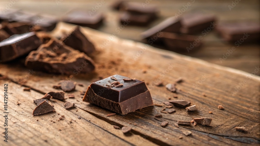Poster A close-up view of a piece of dark chocolate resting on a rustic wooden surface, surrounded by broken fragments and a dusting of cocoa powder.