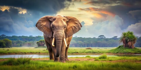 Fototapeta premium A peaceful elephant standing in his natural habitat, elephant, animal, wildlife, nature, majestic, mammal, safari, trunk, tusks