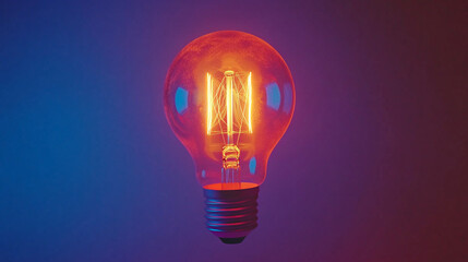 Vintage light bulb glows brightly agnst a colorful gradient background.  