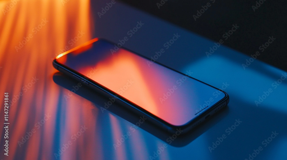 Poster smartphone lying on a reflective surface with vibrant light patterns at dusk.