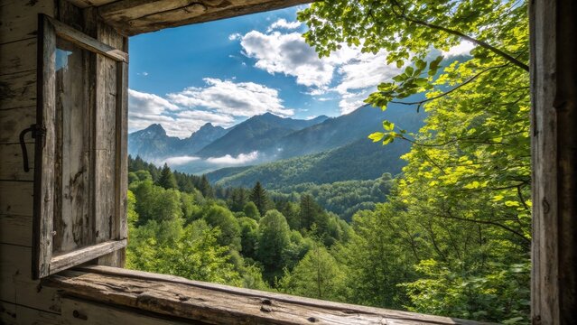 A rustic wooden window frame offers a breathtaking view of rolling green hills and majestic mountains, with a blue sky and fluffy white clouds overhead.