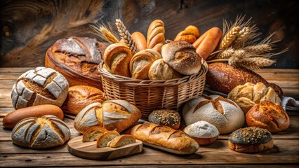 Assorted bakery products including loafs of bread and rolls, bakery, bread, rolls, assorted, fresh, baked goods, pastries