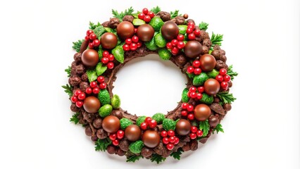 Chocolate Christmas wreath isolated on white background, chocolate, Christmas, wreath, isolated, white, background, festive