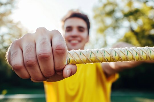 Close up of a sportsman firmly holding the grip of a javelin, ready to throw it, with a blurred background