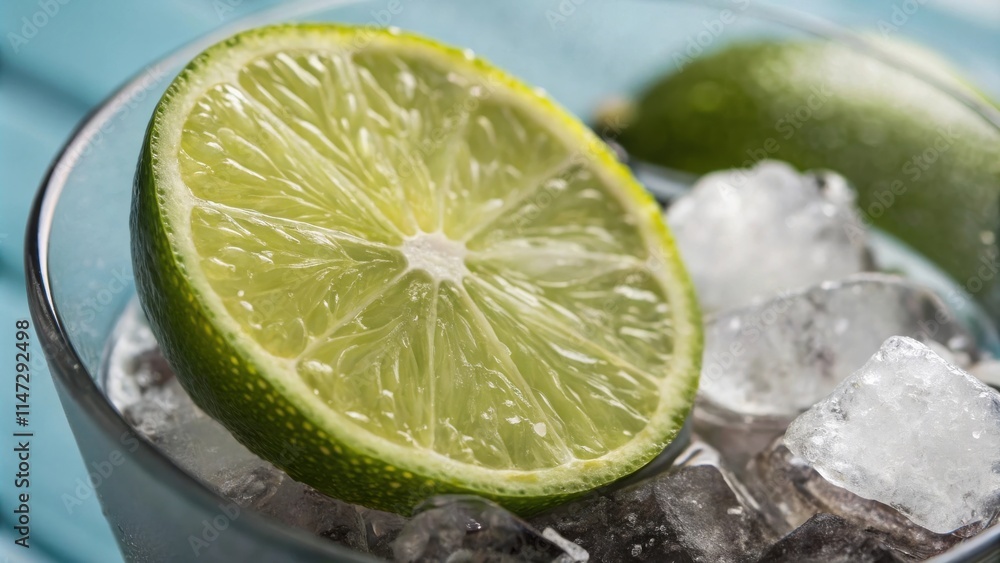 Poster a refreshing lime wedge sits atop ice in a glass, ready to be squeezed into a cool and tangy drink.