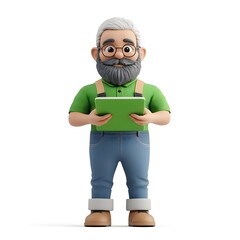 3D cartoon character of an elderly man with a gray beard, wearing glasses, green shirt, suspenders, and boots, holding a tablet, set against a white background