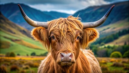 Close up shot of a Highland cow in Scotland, Highland cow, Scotland, hairy, livestock, animal, countryside, rural, bovine, horned