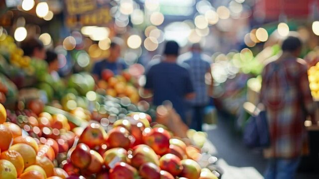A background of blurred signs advertising locally sourced goods at a bustling farmers market.