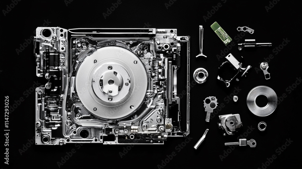 Poster disassembled mechanical components displayed on a black background.
