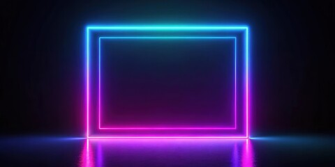 Abstract geometric background with glowing neon square frame in dark