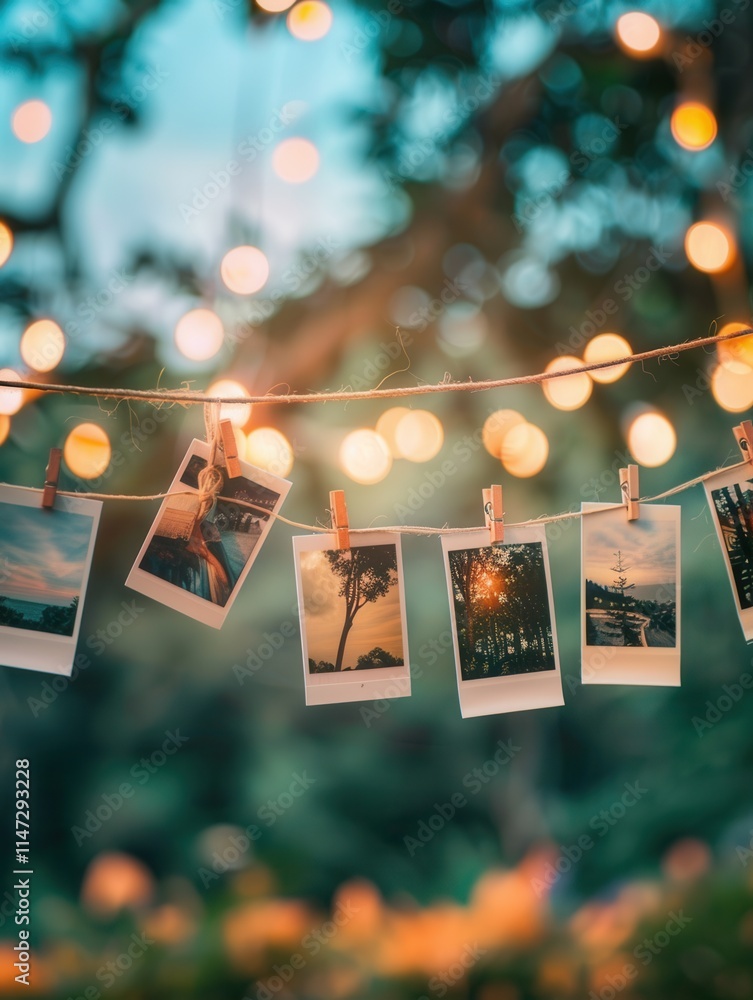 Poster polaroid photos display hanging with clothespins on string illuminated by soft fairy lights in a ser