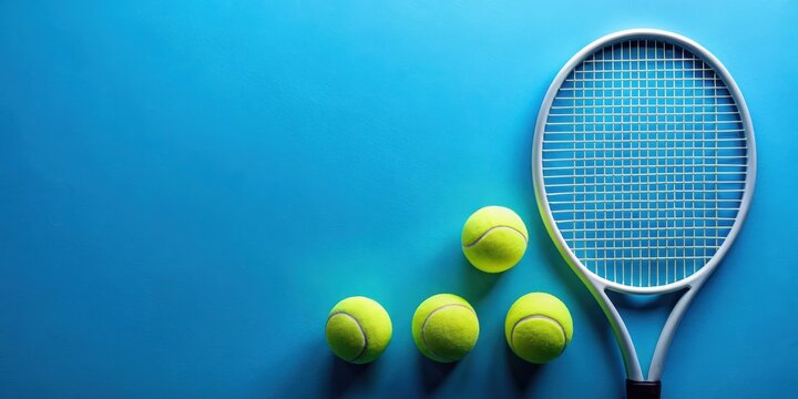 Tennis racket and four balls on blue background for sports concept, tennis, racket, balls, blue, background, sports