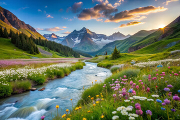 serene alpine meadow with vibrant wildflowers and flowing river, surrounded by majestic mountains under colorful sunset sky. Nature beauty is truly captivating