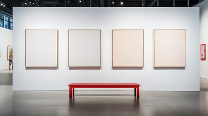 Art space with four empty canvases on white walls, red bench, side perspective, high-resolution shot.