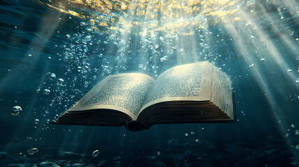 Open book submerged underwater with bubbles and sunlight. shadowed. illustration. Submerged. Illustration