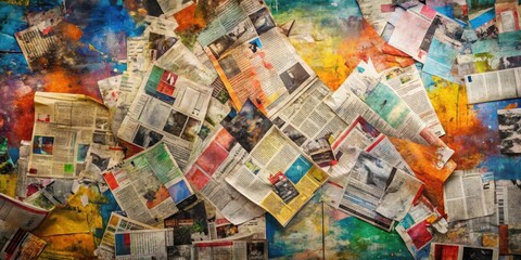 Fototapeta premium Abstract backdrop featuring a collage of newspaper and magazine clippings on a colorful grunge background, newsprint