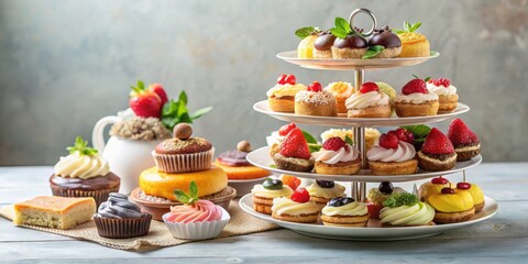 Obraz premium Assorted pastries and desserts on a tiered stand, pastries, desserts, variety, sweet treats, bakery