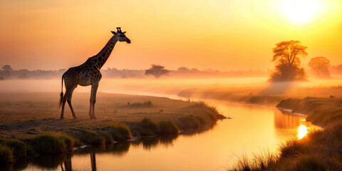lone giraffe stands gracefully by tranquil river, silhouetted against glowing sunset in hazy savanna. serene landscape evokes sense of peace and wonder