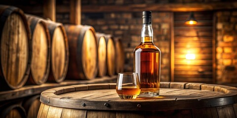 Bottle of whiskey on wooden barrel in distillery with warm lighting, whiskey, bottle, wooden barrel, distillery, production
