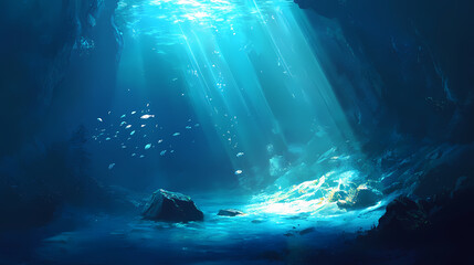 Serene submerged view with beams of sunlight in a tranquil blue ocean environment. Submerged. Illustration