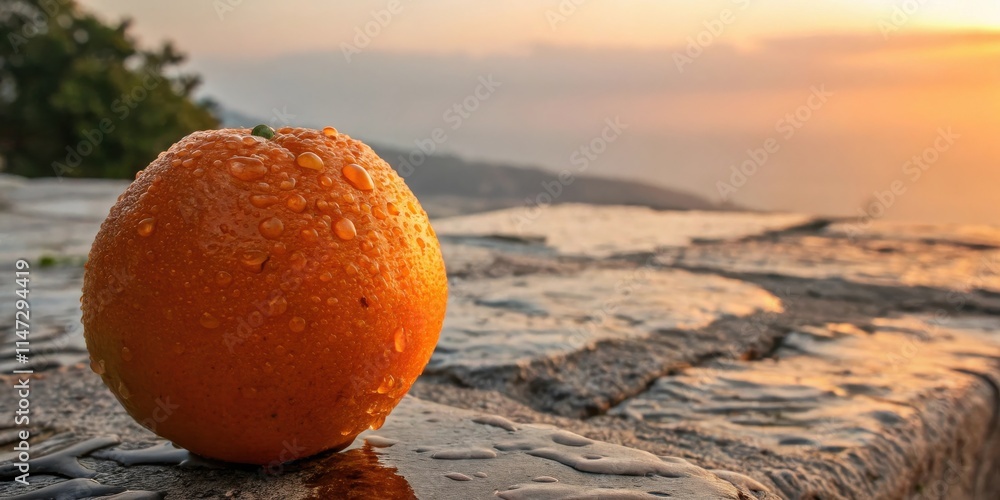 Poster a dew-covered orange resting on a stone surface with a blurred sunset in the background
