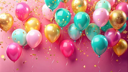 Vibrant pink backdrop with floating balloons in yellow, pink