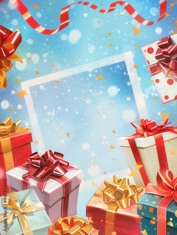 Poster festive greeting card design with gifts and copy space for personalized message. generative ai