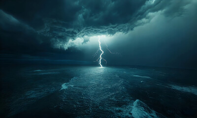 A dramatic lightning strike illuminates a stormy ocean under dark clouds.