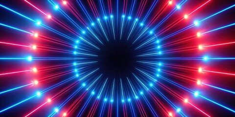 Bright radial light beams in blue and red neon glow, creating a space background for events, parties, and celebrations