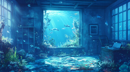 Submerged serenity: mesmerizing underwater house room reveals aquatic wonders through panoramic aquarium windows, a tranquil retreat in the heart of the deep blue. Submerged. Illustration