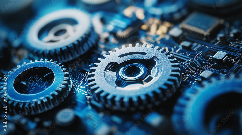 Aufkleber gears and circuits intertwine in a futuristic mechanical design.