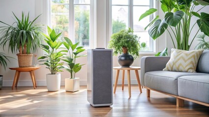 Fototapeta premium Sleek speaker in bright living room with plants and cozy decor , speaker, living room, bright, natural light, plants