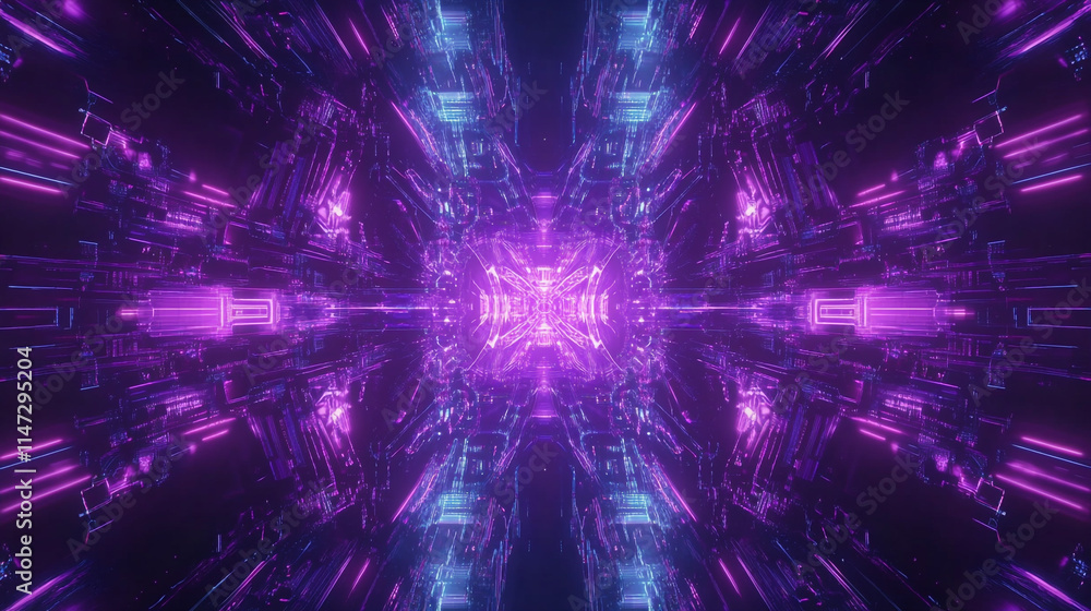 Poster bright neon tunnel with futuristic digital patterns and glowing lights.