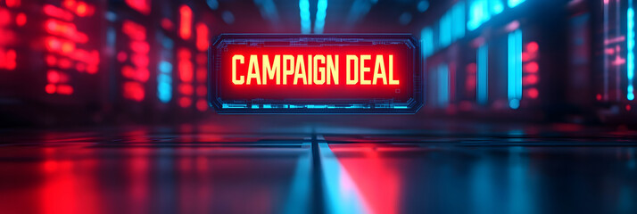 A vibrant digital scene featuring a bold "CAMPAIGN DEAL" sign illuminated in red and blue lights, suggesting a promotional event or sale.