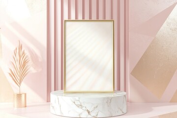 Minimalist frame mockup in a pink room with geometric shapes and golden elements behind.