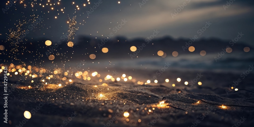 Poster a string of lights on a sandy shore, illuminating the evening with a warm glow