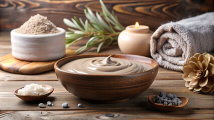 Luxurious clay mask in wooden bowl, surrounded by spa essentials, evoking serene, contemplative mood. Perfect for relaxation and self care rituals