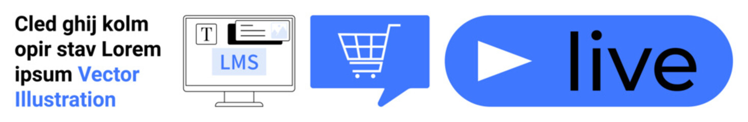 Desktop screen with LMS acronym, shopping cart in chat bubble, and live video play button. Ideal for e-commerce, LMS platforms, online shopping, web design, digital marketing, education