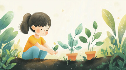 child planting seeds in a realistic garden, but the plants grow into illustration symbols of growth and equality