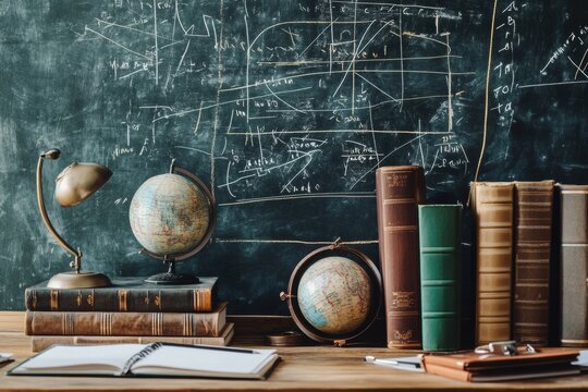 Desk filled with books, globes, and stationery beside chalkboard covered with complex equations in a study. Generative AI