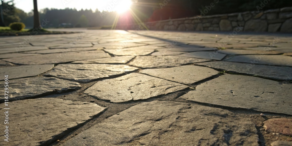 Leinwandbilder a low angle view of a stone pathway with the setting sun casting warm light on the surface, creating