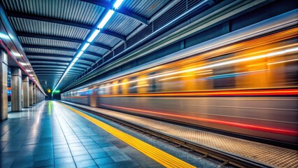 Fototapeta premium Long exposure shot of subway train speeding through brightly lit station , transportation, motion blur