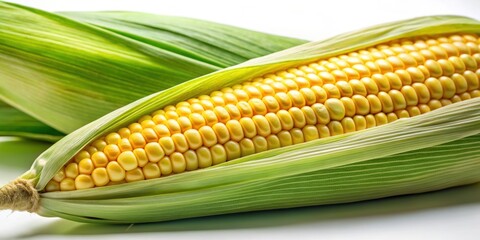 Fresh ear of corn on the cob with green husk , agriculture, crop, yellow, healthy, organic, maize, farm, vegetable, nutrition