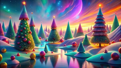 Abstract Christmas landscape with surreal colors and shapes, abstract, Christmas, landscape, surreal, colors, shapes