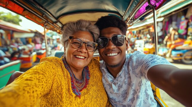 Happy tourists taking selfie while visiting Thailand on a tuk tuk, enjoying holidays and making memories together