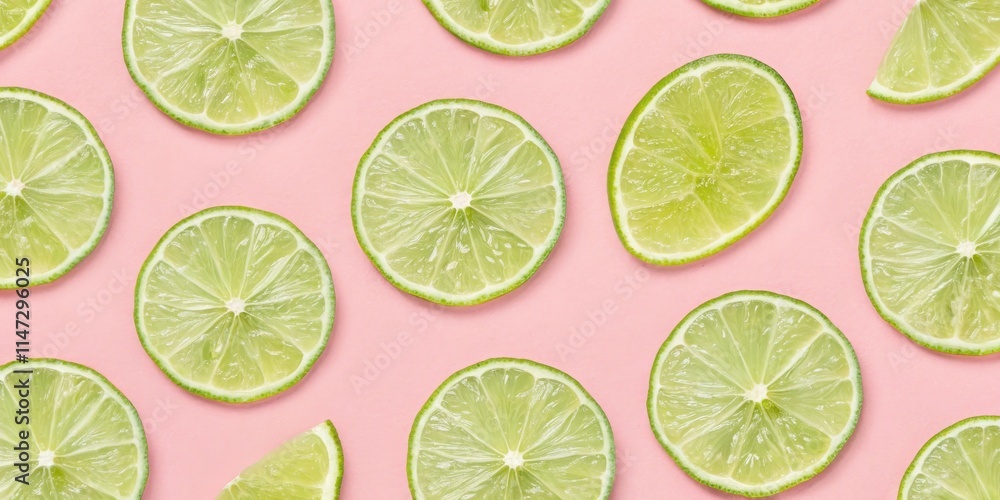 Poster a vibrant display of fresh lime slices arranged in a symmetrical pattern on a pastel pink background